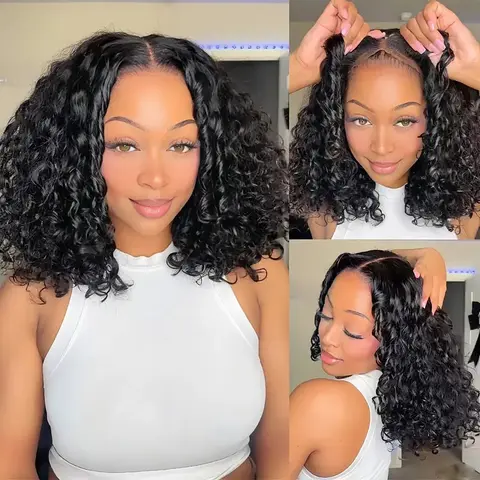 VRbest Water Wave Lace Front Human Hair Bob Wig - 5x5 HD Pre-Cut Frontlace, Pre-Plucked, Bleached Knots, Glueless Ready-to-Wear Hairwigs, Human Hair Frontal Wig for Summer Vibes, Water Wave Lace Front Wigs Human Hair