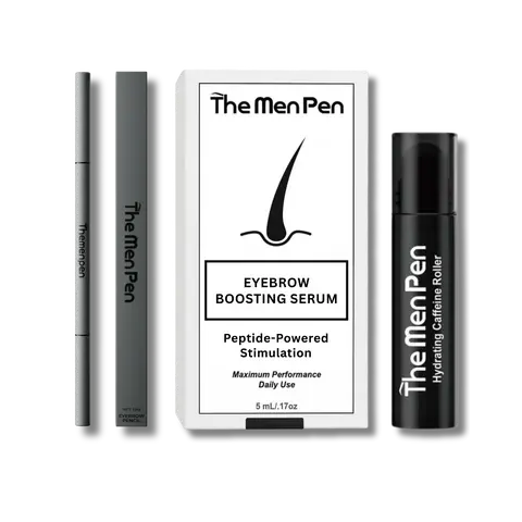 Men's Eyebrow Boosting Peptide Hair Care Kit - Caffeine Roller, Serum, Pen, Wax, Eye Patches with Ginseng, Hyaluronic Acid, Butylene Glycol - 5 Shades, Daily Use, All-Skin-Types, Hydrating, All-Day Hold, Tidy Brows, Gym-Ready, Brightens Under-Eye Circles
