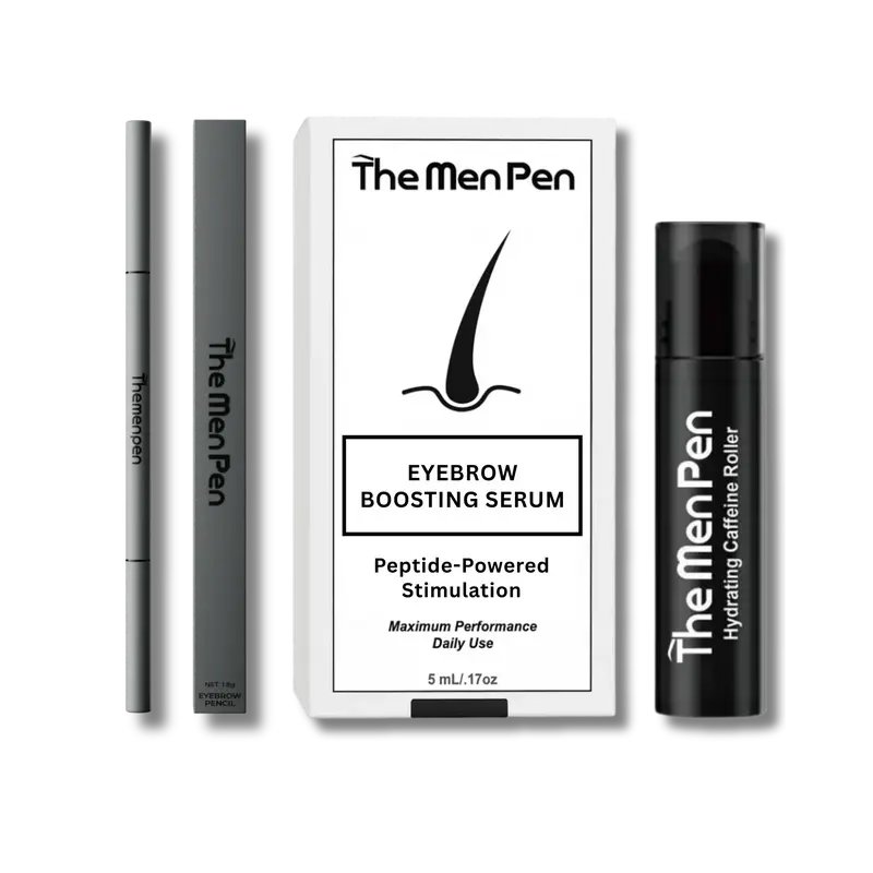Men's Eyebrow Boosting Peptide Hair Care Kit - Caffeine Roller, Serum, Pen, Wax, Eye Patches with Ginseng, Hyaluronic Acid, Butylene Glycol - 5 Shades, Daily Use, All-Skin-Types, Hydrating, All-Day Hold, Tidy Brows, Gym-Ready, Brightens Under-Eye Circles