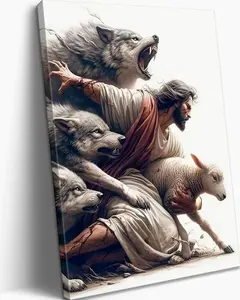 MALEDO Jesus and Lamb Canvas Wall Art Jesus Saves the Lost Sheep Christian Picture Wall Decor Shepherd Protect a Lamb from Wolves Painting Poster Print Artwork for Living Room Bedroom Church Decor