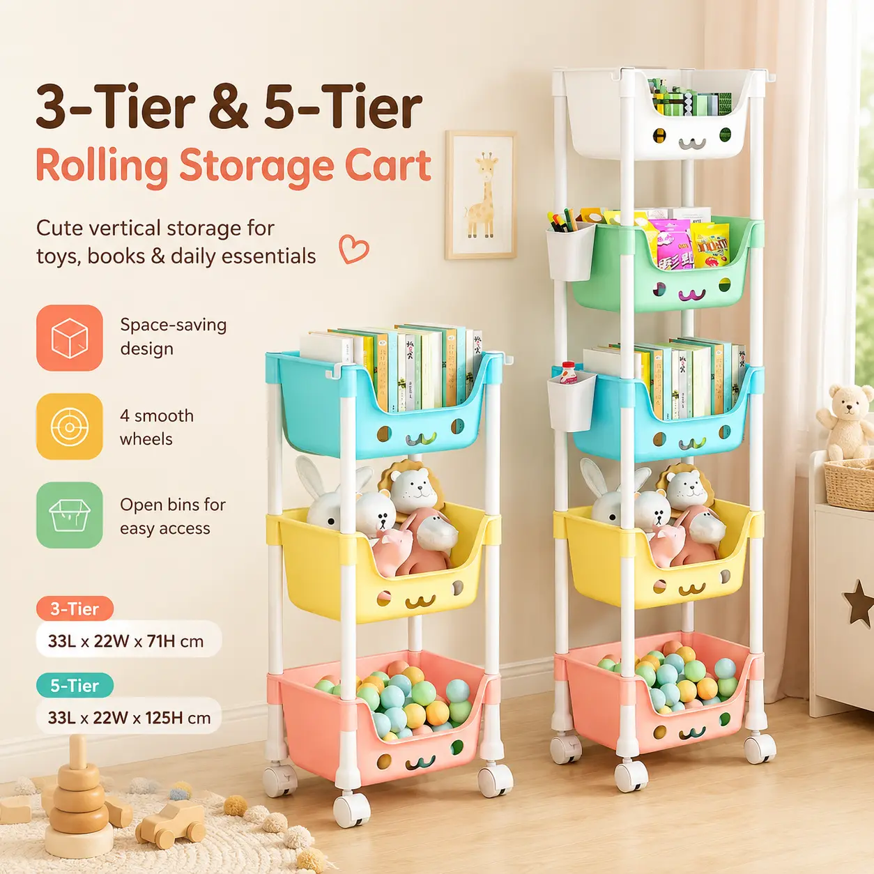 Multi-Layered Rolling Storage Cart (3-Tier & 5-Tier Options) - Kids' Organizer Storage with Colorful Open Baskets, 4 Casters, Compact Slim Shelf for Toy Organization, Bedroom, Playroom