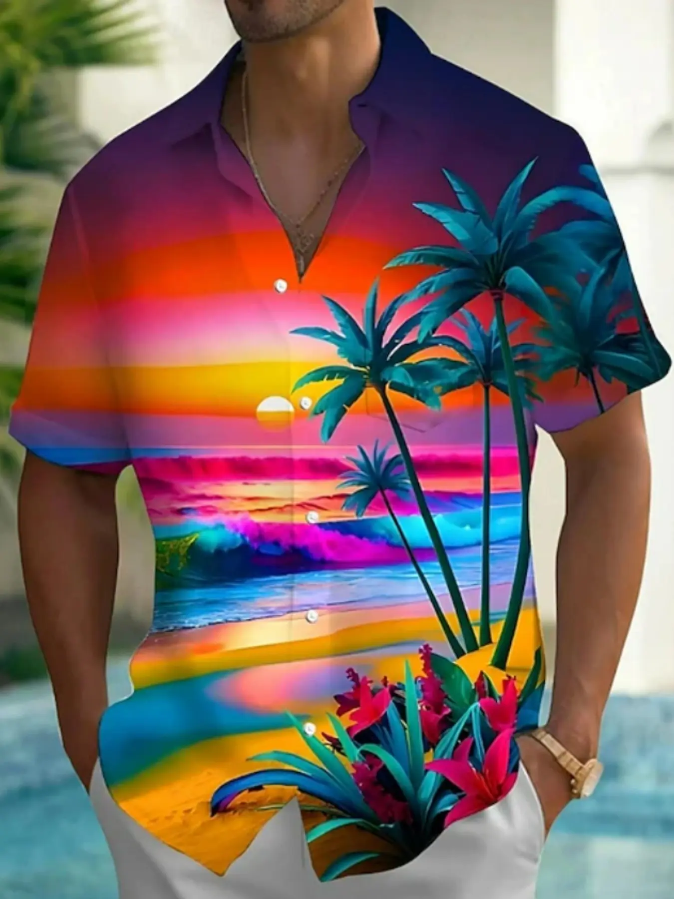 Men's Tropical Coconut Tree Natural Landscape Hawaiian Coastal Shirt, Casual Button Collared Top, Summer Casual Vacation Button-Up Short Sleeve Fitted, Flip Collar All Over Printed 3D Print Front Pocket, Summer Shirts