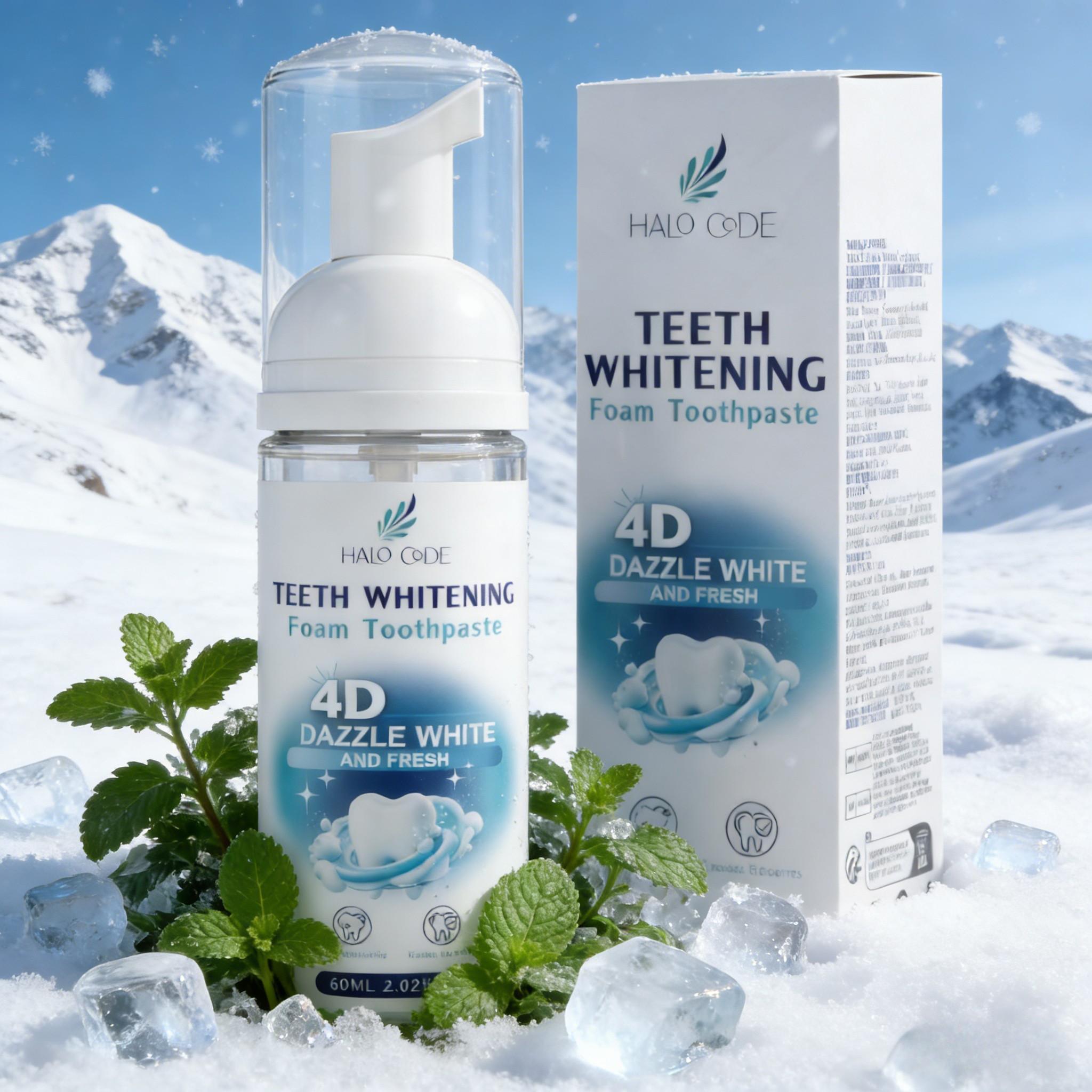 Halo Code 4D Dazzle White Foam Toothpaste,Get Whiter Teeth in Just 7 Days! Whitening, Sensitivity Relief & Fresh Breath All-in-One! natural oral health gentle mint snow removal cleaning improves xylitol strips care
