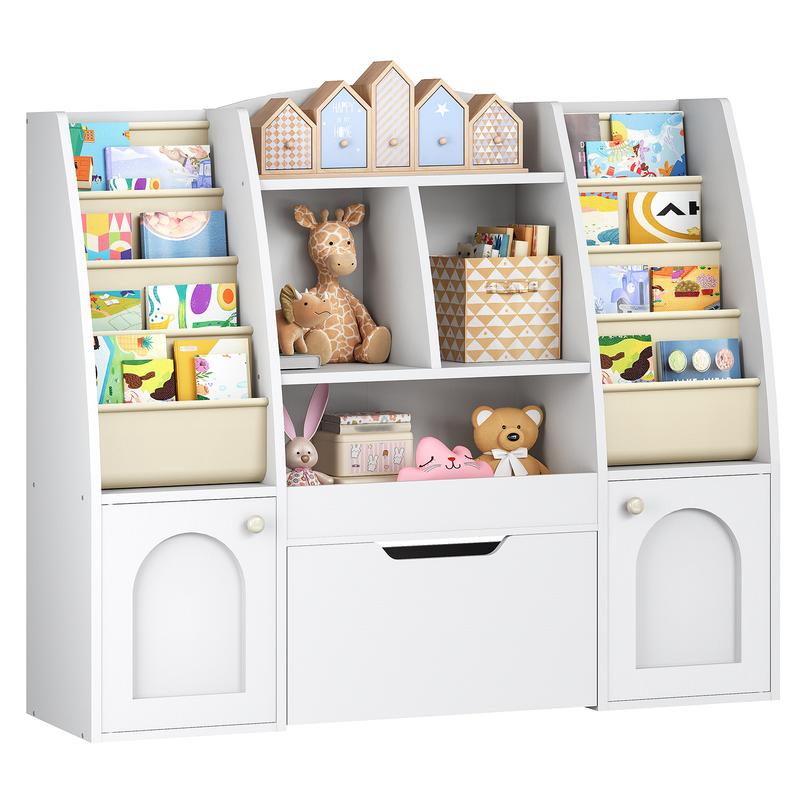 HOOBRO Kids Bookcase, Toy Storage Organizer, with 1 Wheeled Drawer, 2 Cabinets, 4 Fabric Sling Bookshelves on Both Side & Open Shelves, for Books and Toys, for Bedroom, Living Room, and Reading Room, white