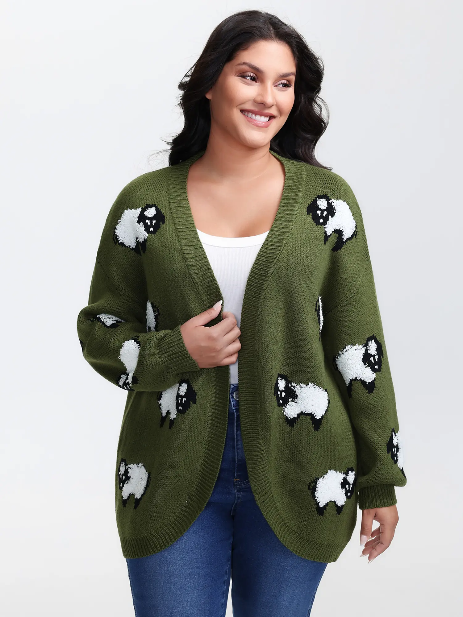 BloomChic Women's Oversized Moss Flocked Lamb Jacquard-Knit Cardigan - Collared Kimono Neck, Drop Shoulder Long Sleeve, Open Front, Curvy Hem Animal Print Loose Fit Knit Top, Open Front Cardigan Lightweight Knit Sweater Knitwear Swimweek Womenswear