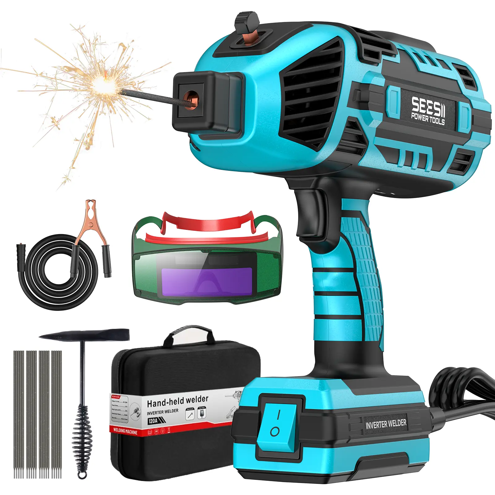 SEESII Handheld Welder 110V 120A Portable ARC Welding Machine with True Color Auto Darkening Goggles & Chipping Hammer for 3/64"-1/8" Rods Smart#SummerVibes IGBT Inverter Technology 20-120 Amp Output Outdoorfun