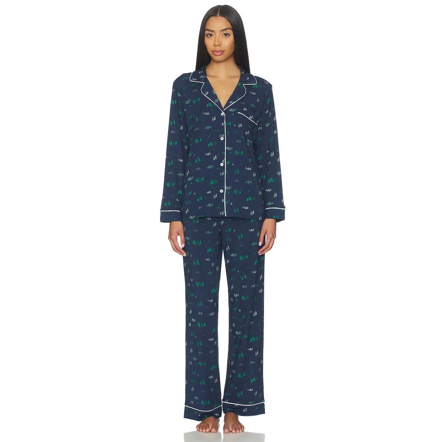 eberjey Gisele Printed Long Pj Set in Forest Pine Navy & Ivory