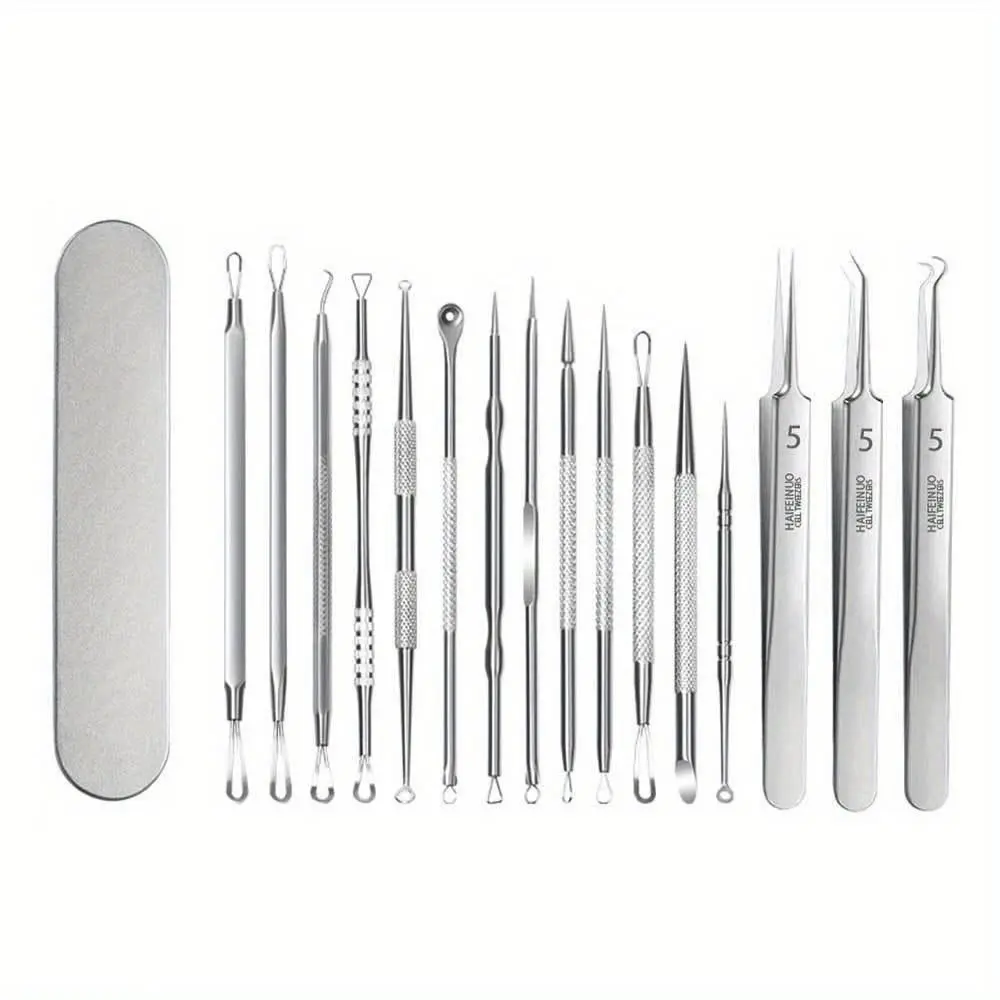 16pcs Professional Stainless Steel Blackhead Remover Tools Pack - 20g Metal Box Kit with Pore Prep Scraper, Precision Nose Extractor Tweezers, Pimple Popper, Whitehead Comedone Remover for Face Acne (Pro Results at Home)