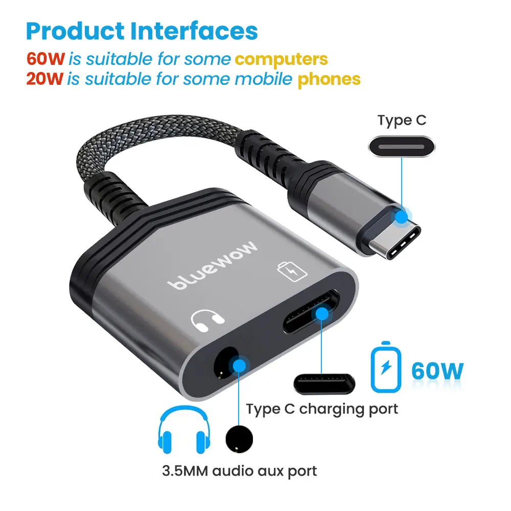 BlueWow USB C to 3.5 mm Jack Hifi Headphone Audio Adapter - MFi Certified, 60W PD Fast Charging Type C Charger, Durable Braided Nylon Cable, Portable Adapter for iPhone 15/Pro & Android Devices