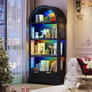 FREDEES Curio Cabinet with RGB Lights, 72" Tall Arched Display Cabinet with Glass Doors, 4-Tier Large Shelf Display Case for Collectibles Bookcase Living Room, Black