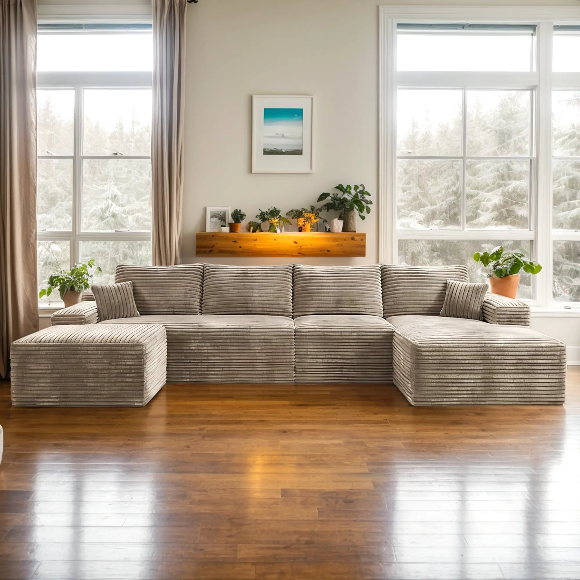 Eyisean 135"W U-Shape Corduroy Modular Sectional Sofa - 4-Piece Flexibility, Built-In Recliner, Fixed Arms, Right-Facing Chaise, Ottoman, 4 Packages, 72h Expand Ready, U-Shape Corner Fit, Convertible, No Assembly, Tight Space-Friendly Indoor Furniture