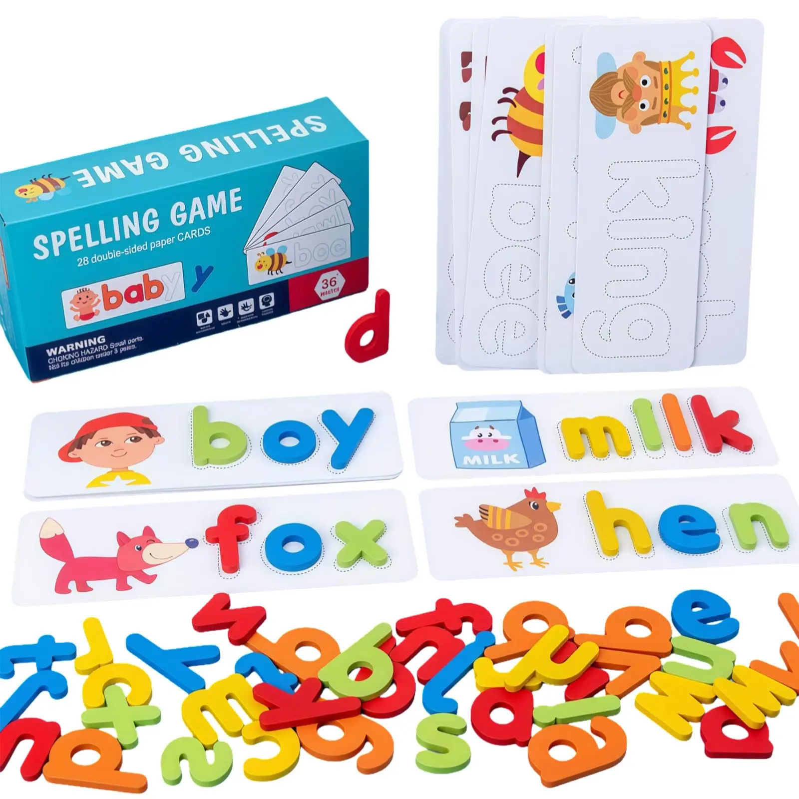 Wooden Montessori Alphabet Learning Flash Cards - Complete Spelling Kit with Letter Blocks, Bright Phonics, Storage Bag for 3-6 Yr Olds, Screen-Free Homeschool Toy, Party Gifts