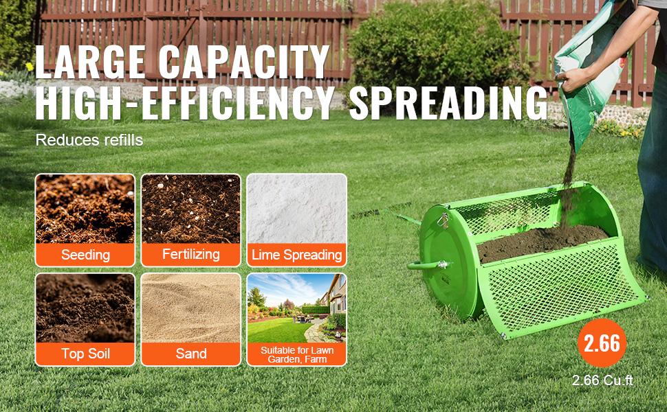 VEVOR Compost Spreader and Peat Moss Spreader,  24" Push/Tow-Behind Roller Lawn Spreader with Height Adjustable T Shaped Handle, Steel Mesh Basket Garden Spreader for Spreading Manure Topsoi