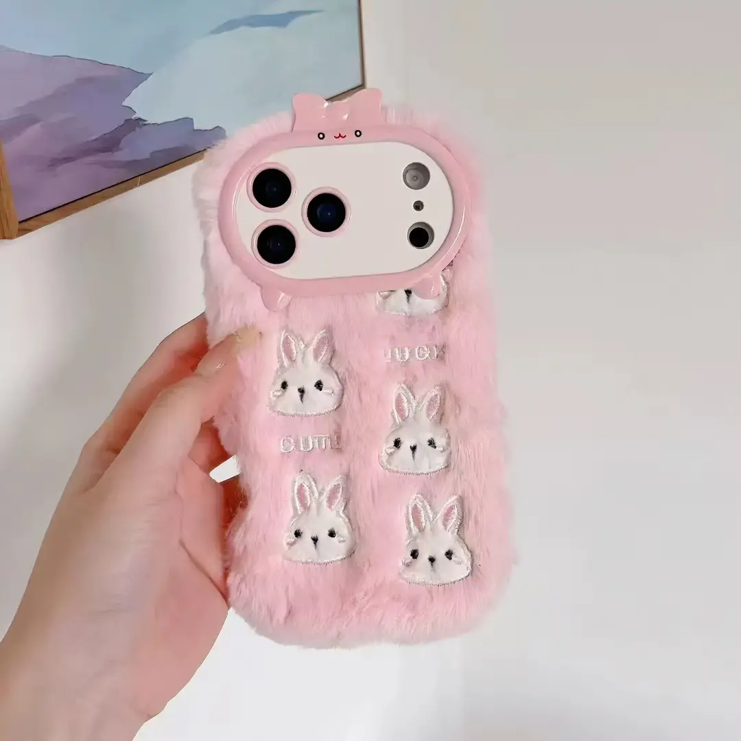3D Plush Embroidered Rabbit Smartphone Case - Bows, Cartoon Design, Soft Rubber Anti-Fall Casing for iPhone 17 Pro Max,16 Pro,15-14, Customizable Handheld Devices Protection, White/Pink Autumn Winter Cozy Accessories
