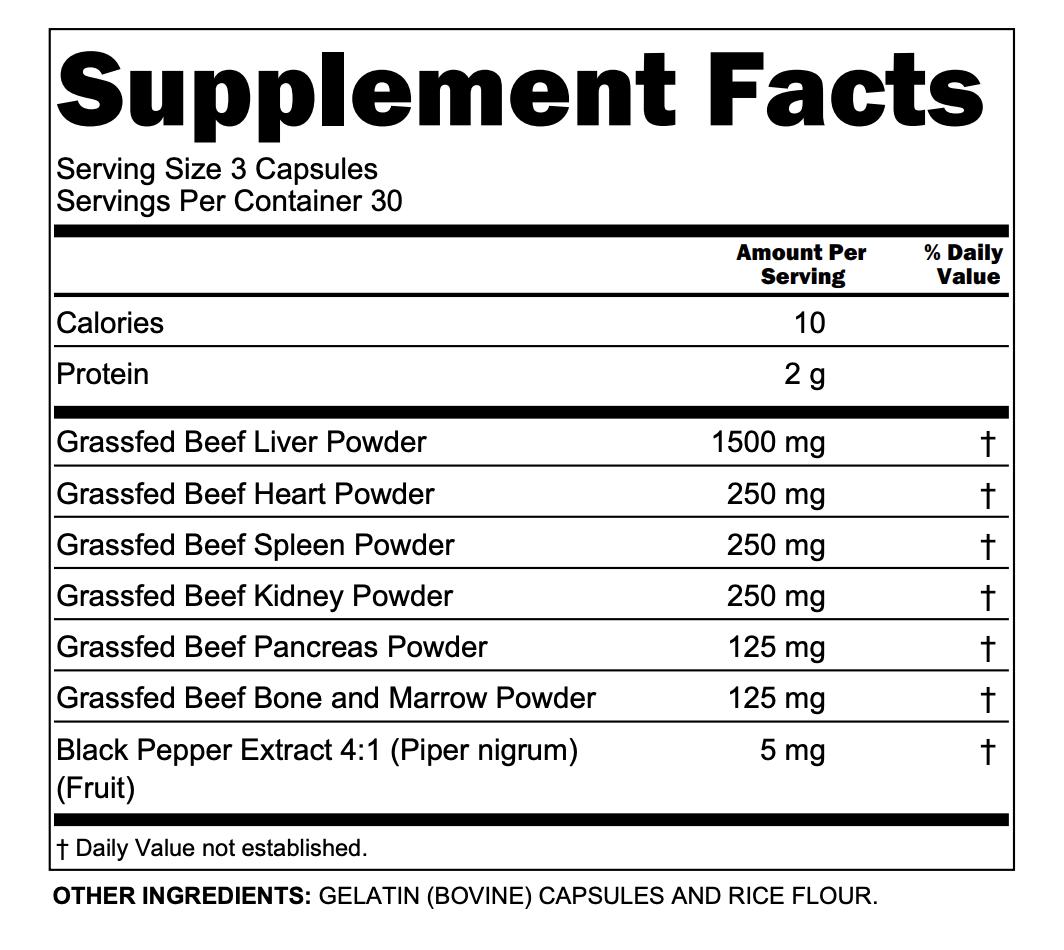 Clean Nutra Beef Liver, Bone and Marrow, Beef Heart, Kidney & Spleen Edible Capsules for Detox & Immunity - Primal Organs