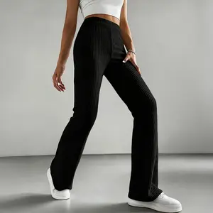 Women's Daily Pants Casual Ribbed Knit Pants High Waist Flare Leg Trousers