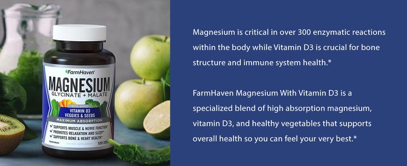 【FarmHaven】Magnesium Glycinate & Malate Complex with Vitamin D3, Supports Bone Health, Nerves, and Muscles, 60-Day Supply Dietary Supplement. Nutrition Healthcare