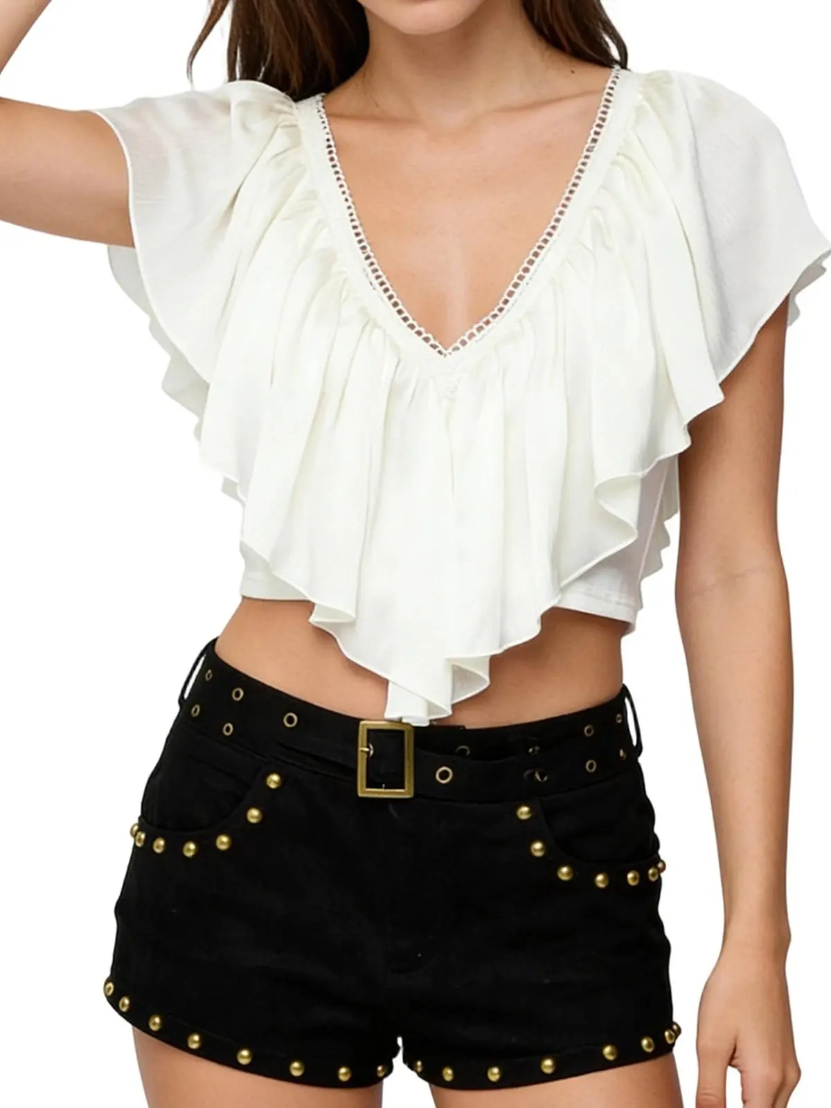 Women Ruffled V Neck Crop Top Sleeveless Tie Up Open Back Blouse Shirt Boho Asymmetrical Hem Flowy Y2k Summer Tops