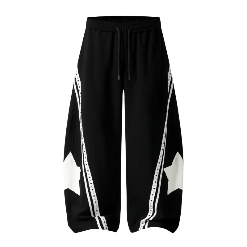 Aelfric Eden Unisex High-Waist Panel Cotton Blend Sweatpants, Oversized Cut Baggy Barrel Wide-Leg, Star Patches & Studded Stripe Detail, Athleisure Wear Streetwear Sports Bottoms, Sporty Chic, Sporty Sports Bottoms