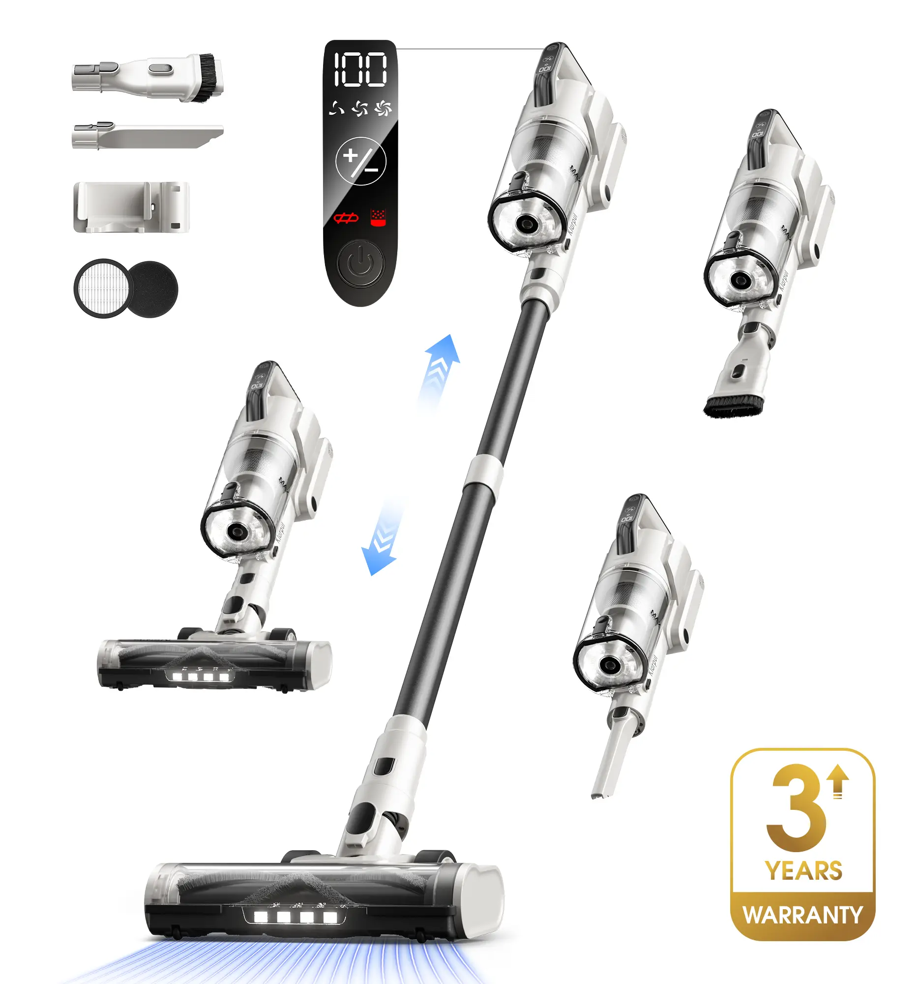 120V Smart Cordless Upright Stick Vacuum Cleaner - 600W 50KPa Powerful Suction, Portable Multi-Head Brushless, LED Touchscreen, Anti-Tangle Brush, 60 Mins Runtime, Self-Standing, 3-Year Warranty for Pet Hair, Hardwood Floors, 1.8L Dust Bin, 60Mins, Floor