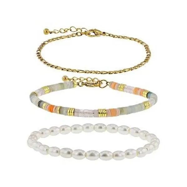 JTV Gold-Tone Stainless Steel 4mm Multi-Gem Bracelet Set, Lobster Clasp, Crystal Quartz & Gemstone Mix, Stretch Link Adjustable Size Bracelets & Bangles