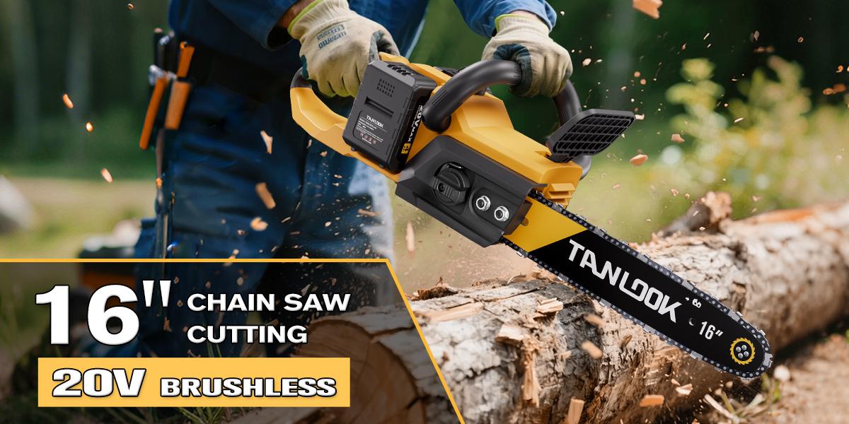 TANLOOK 16 Inch Cordless Chainsaw, 20V Brushless Electric Chainsaw with 2 Batteries, Safety Switch & Dust Baffle for Tree Felling, Wood Cutting, Pruning & Firewood TANLOOK 16 Inch Cordless Chainsaw, 20V Brushless Electric Chainsaw with 2 Batteries, Safety Switch & Dust Baffle for Tree Felling, Wood Cutting, Pruning & Firewood