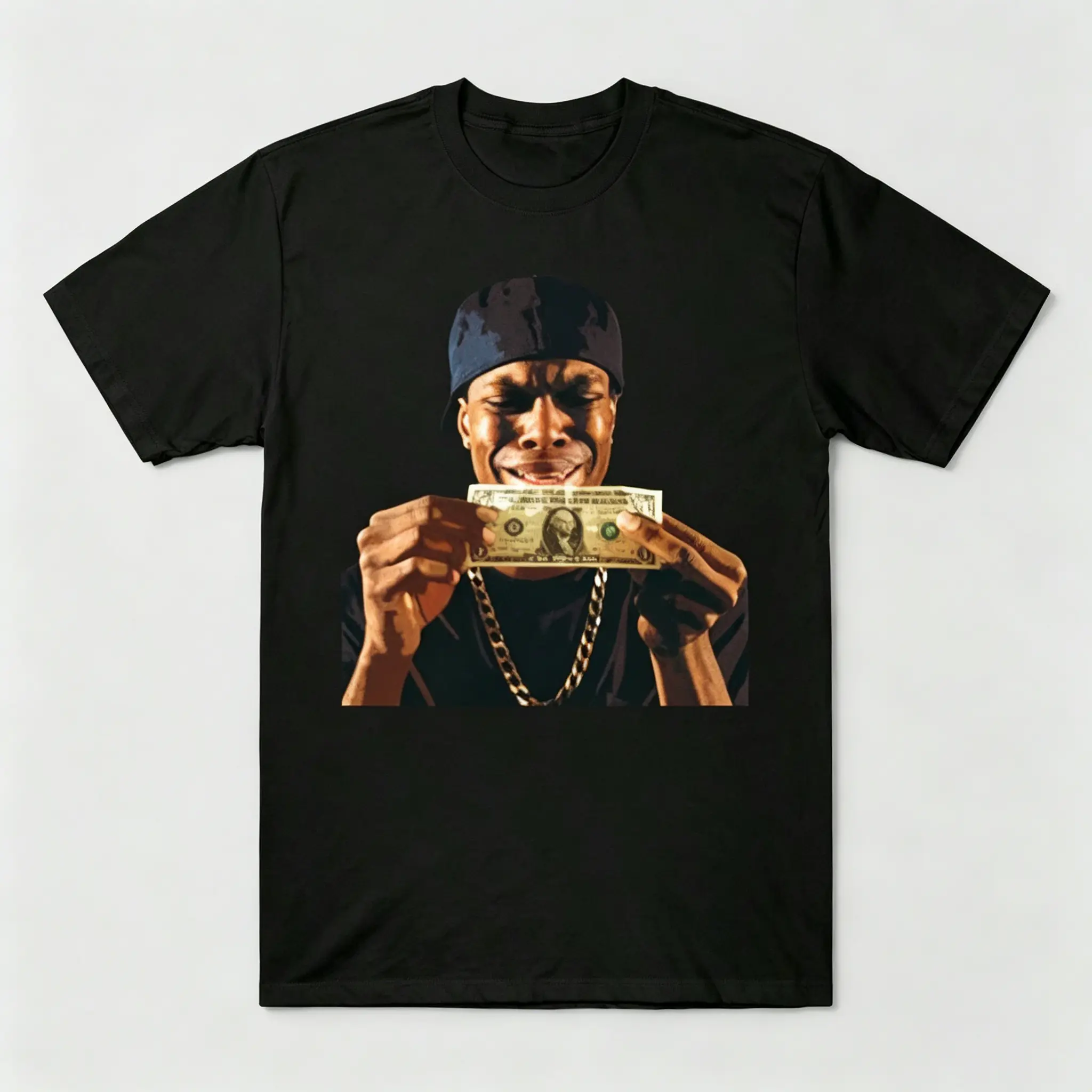 Hip Hop Holding Dollar Bill Portrait T-Shirt for Men/Women (Unisex), Vintage Retro Rap Music Streetwear Casual Cotton Short Sleeve Tee, Black/White