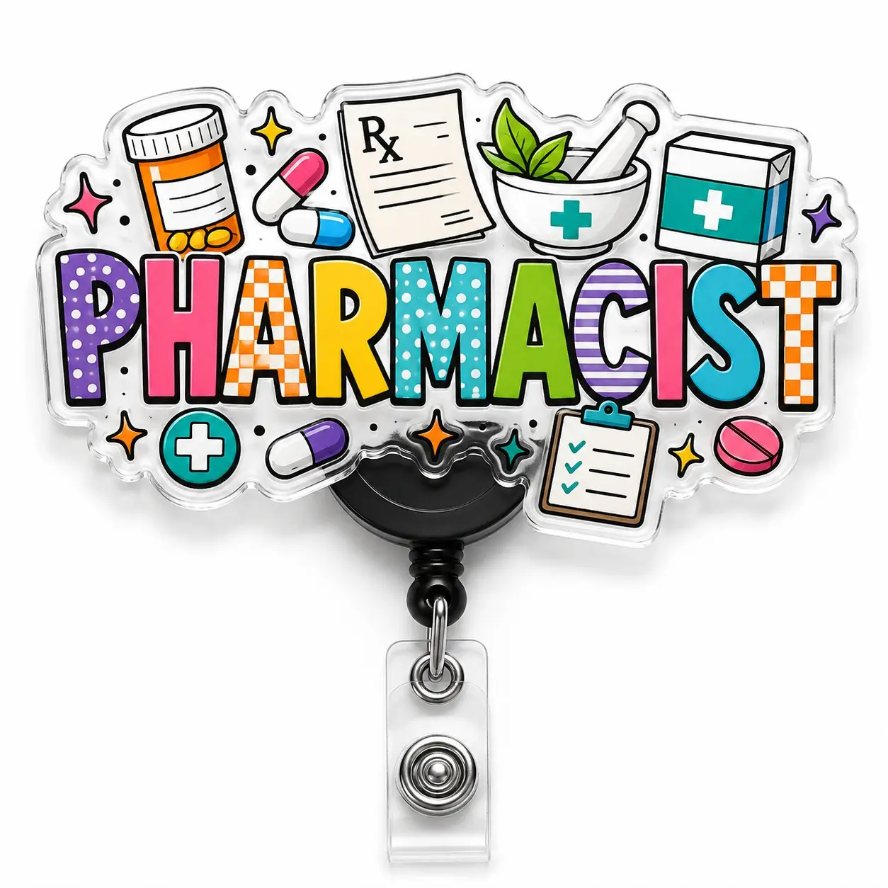 Badge Reel Pharmacist Colorful Acrylic Retractable ID Holder for Pharmacy Technicians Medical Staff Healthcare Workers and Clinic Employees 2 Inch