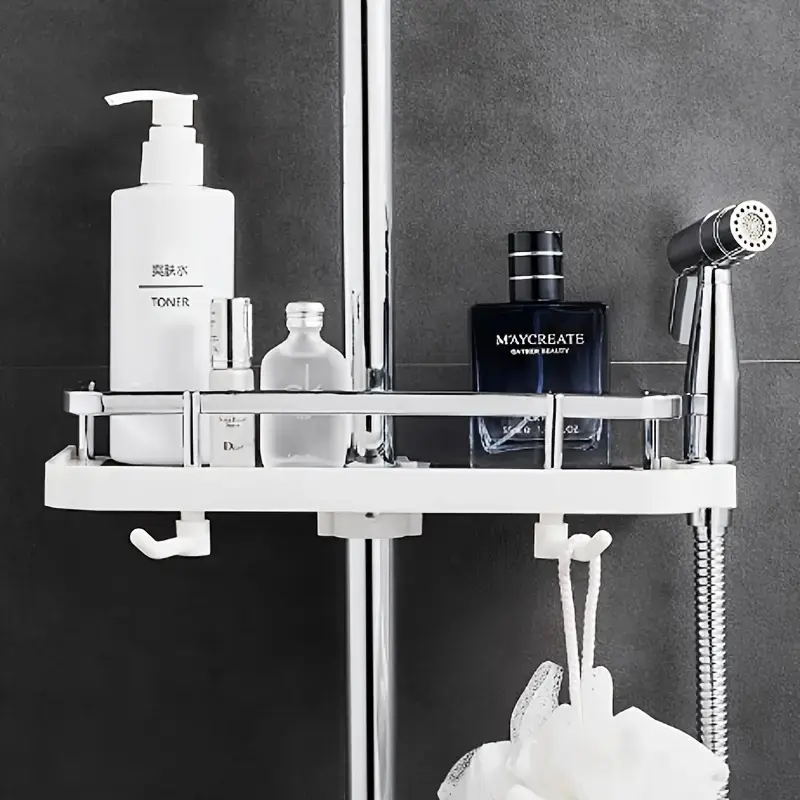 Durable Modern Plastic Showerhead Caddy Shelf - No-Drill Bathroom Organiser Basket, Fits 24-25mm Round & 18-30mm Square Shower Riser Rail Storage Rack
