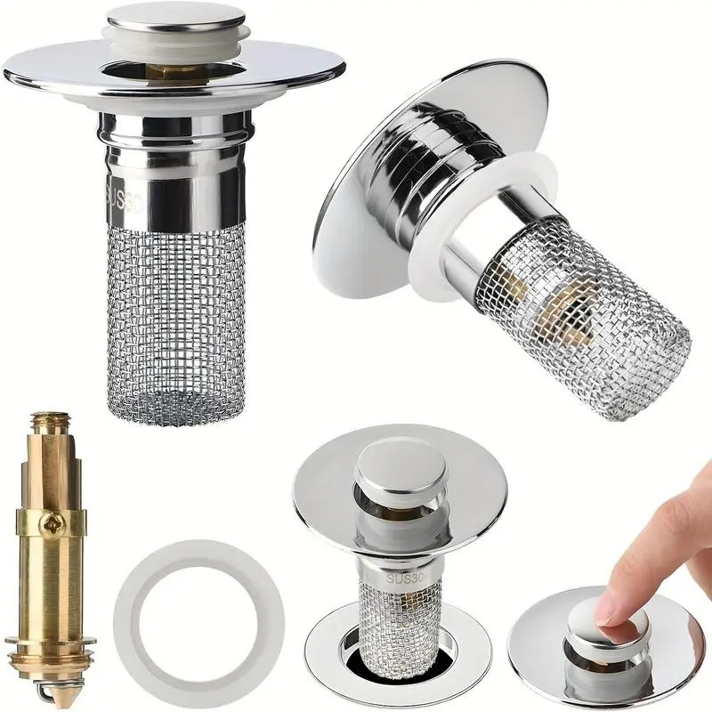 2 Pcs Bathroom Sink Stopper Hair Catcher, Universal Pop Up Sink Drain Filter with Stainless Steel Basket, Anti Clog Bathroom Essentials
