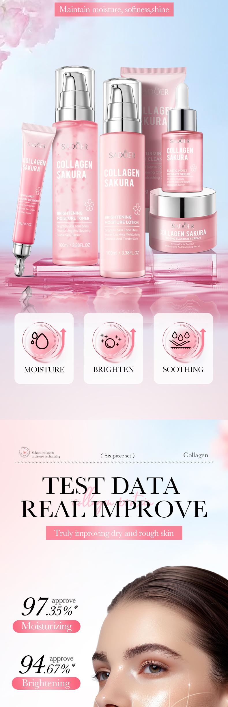 Collagen Sakura Moisturizing Revitalizing Six Piece Set - Hydrating Skin Care Kits for Radiant Glow & Plump Smooth Skin