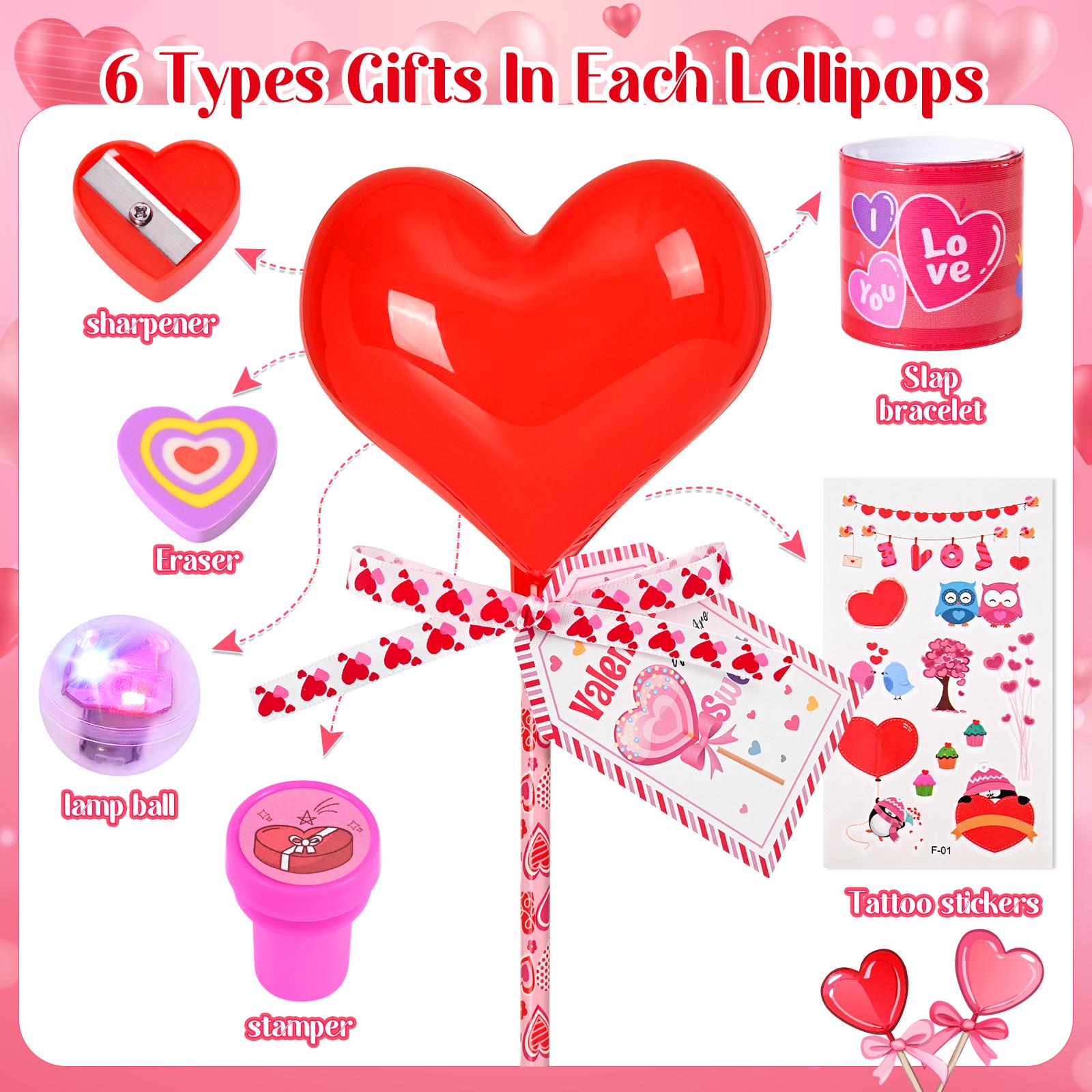 30 Pack Valentines Day Gifts for Kids - Glowing Heart Lollipop-Shaped Stationery Set with Valentine's Cards for School Classroom Class Party Favor Classroom School Exchange Birthday Party Gift
