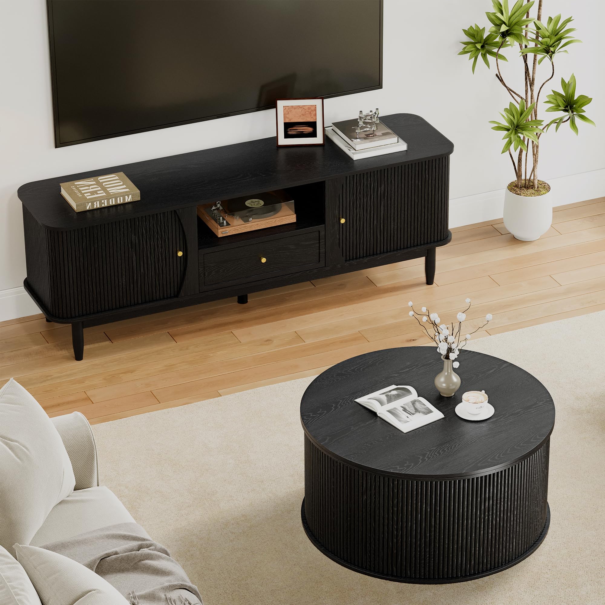 Giratree 31.58" Round Coffee Table, Lift Top Coffee Table with Storage, Farmhouse Fluted Center Table Circle Dining Table for Living Room, Reception Room, Home Office