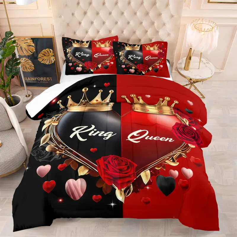 Christmas And Valentine'S Day Themed Black And Red Heart Print, King And Queen Themed Comforter Set, Soft Bedding Set, Includes A Comforter And 1 Or 2 Coreless Pillowcases, Warm And Skin-Friendly, Suitable For Beds, Sofas, Offices, Travel, And Camping.