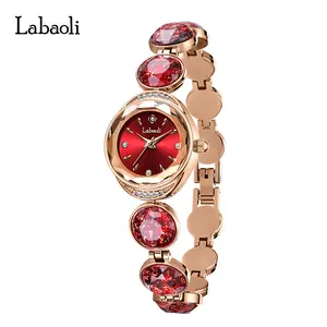Elegant Women's Red Dial watch , Rose Gold Bracelet with Large Red Gemstones , Sophisticated Gift for Her Quartz Watch with Gemstone Bezel