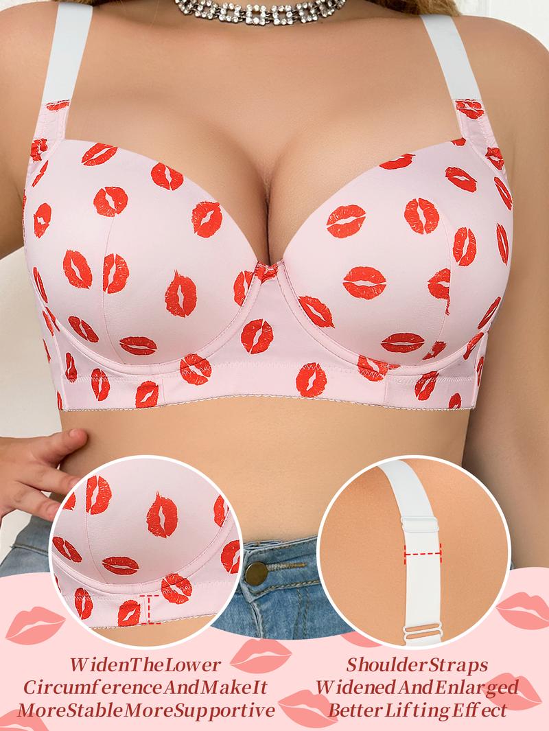 Mimilemon Valentine's Day Plus Size Push Up bra Cute Polyester Kiss Print Comfortable Stylish Womenswear Everyday Bra comfortable tiktokshopblackfriday pushup  bea Underwire Unlined Fit Pink