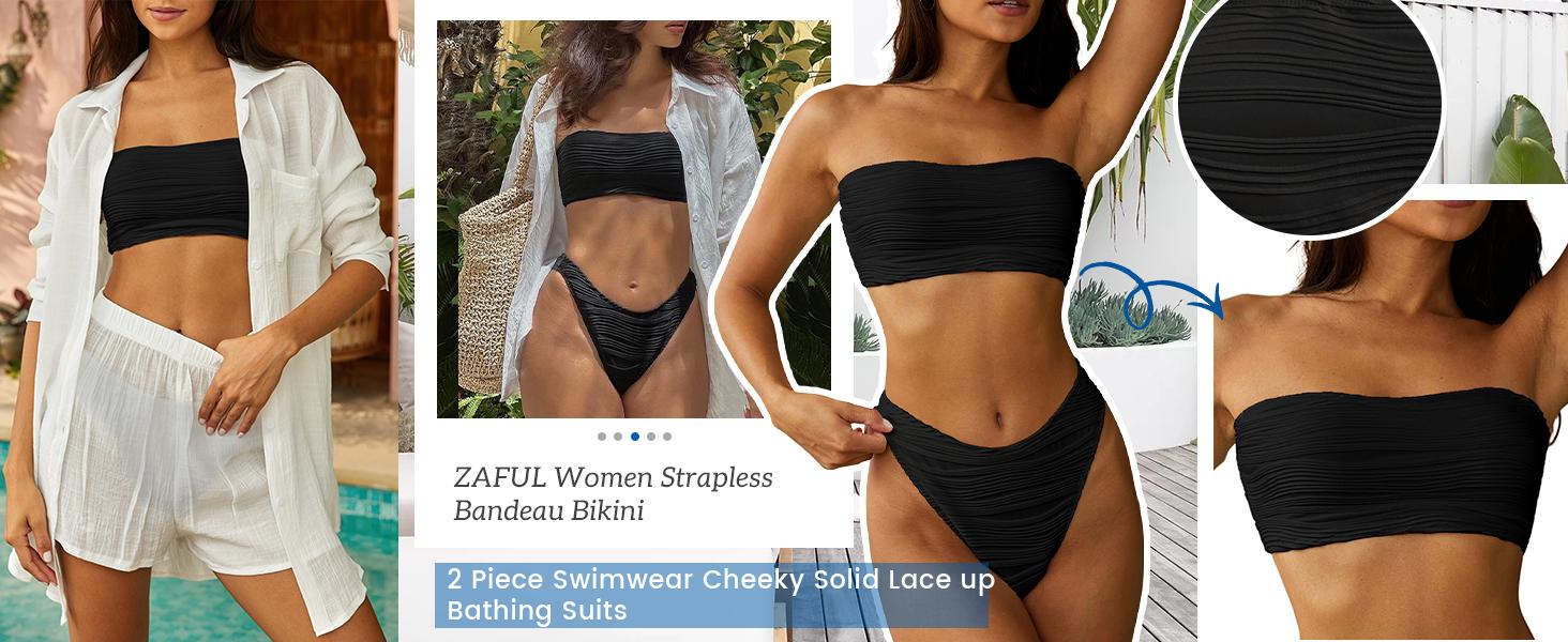 ZAFUL Women 2 Piece Bandeau Swimsuits Ribbed Lace up Strapless Bandeau Bikini Set High Cut Bathing Suits ZAFUL Women 2 Piece Bandeau Swimsuits Ribbed Lace up Strapless Bandeau Bikini Set High Cut Bathing Suits