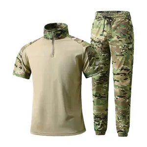 Men’s Outdoor Camouflage Set for Summer Short-Sleeve quarter zip T‑Shirt, Durable Camouflage Tactical Training Top, Sports Work Pants
