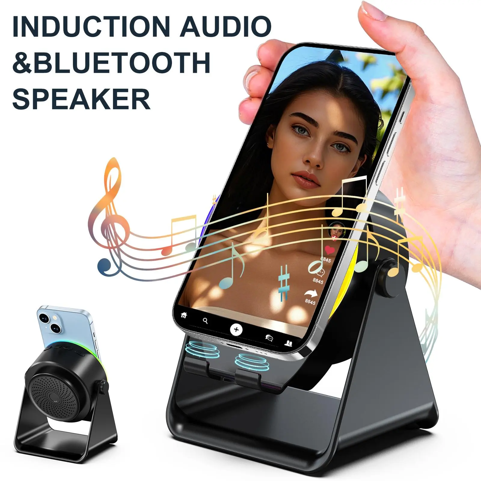 Dohelly 5 IN 1 Wireless Induction Audio Bluetooth Speaker, 360° Rotation Stand with LED, Universal Speaker Stands for Surround Sound&Charger,Portable Desktop Stand Gift  for Home, Shower, Outdoors, Travel.,back to school,back to school haul