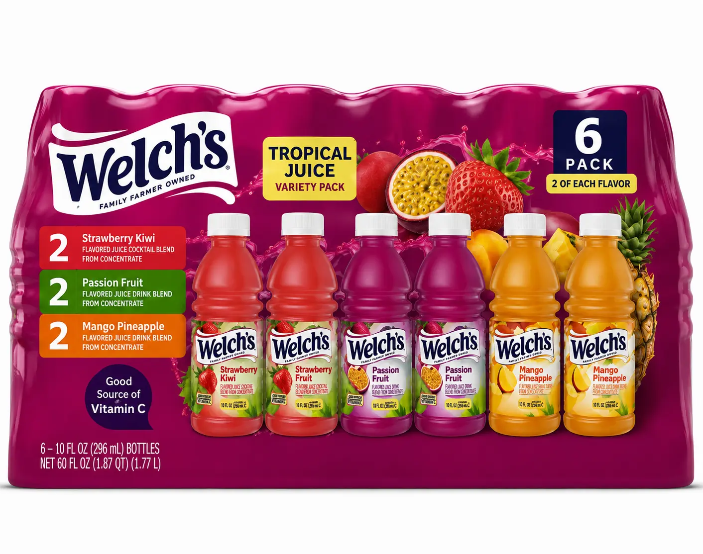 Welch’s Tropical Juice Drink Variety Pack, 6 Pack of 10 fl oz Bottles – Kiwi Strawberry, Passion Fruit & Mango Pineapple Fruit Beverages with Vitamin C