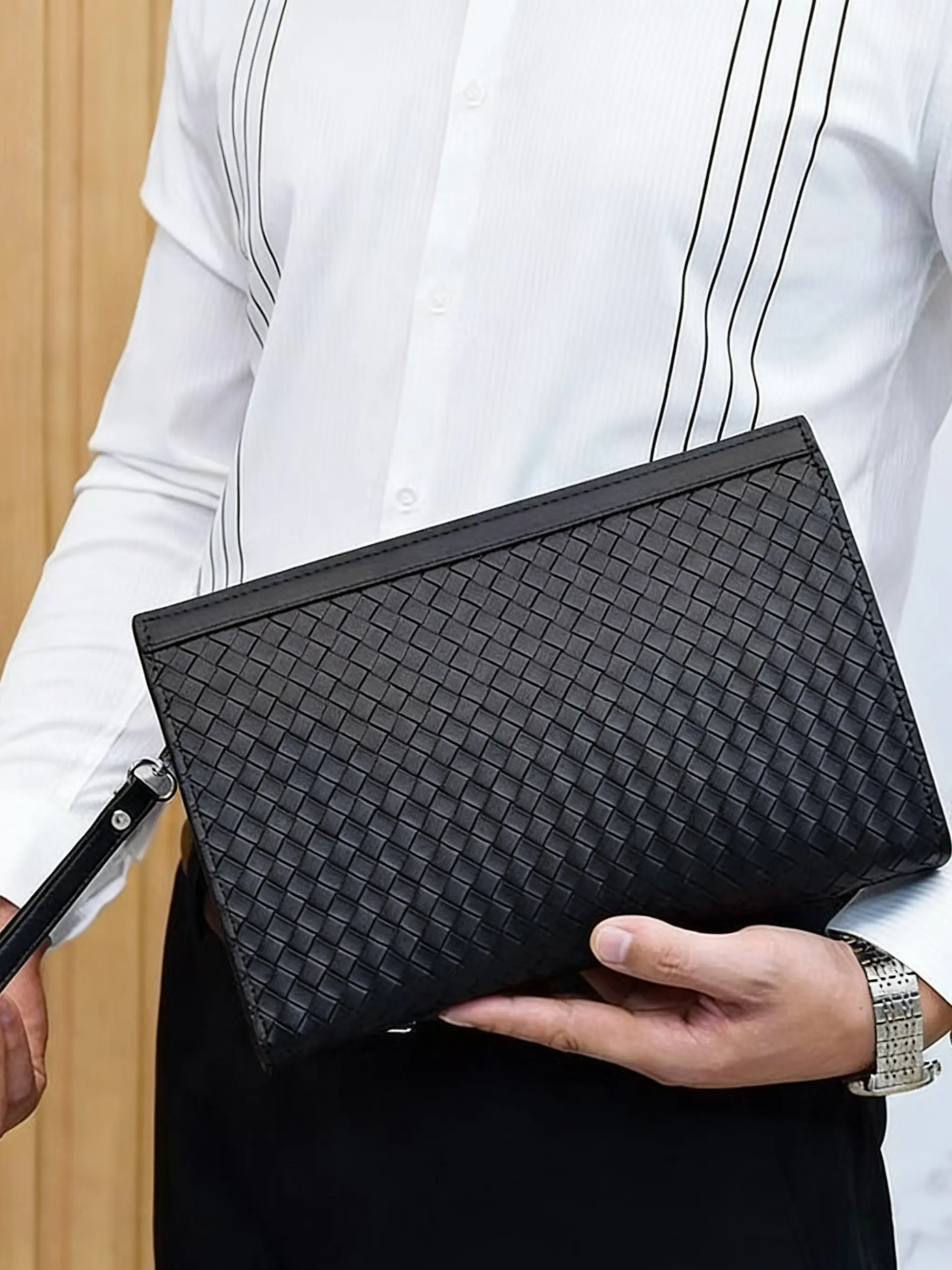 Men's Woven Handbag, Business Commute Large Capacity Crossbody Bag, Wallet Clutch, Casual Leather Design, Versatile Daily Use Accessory