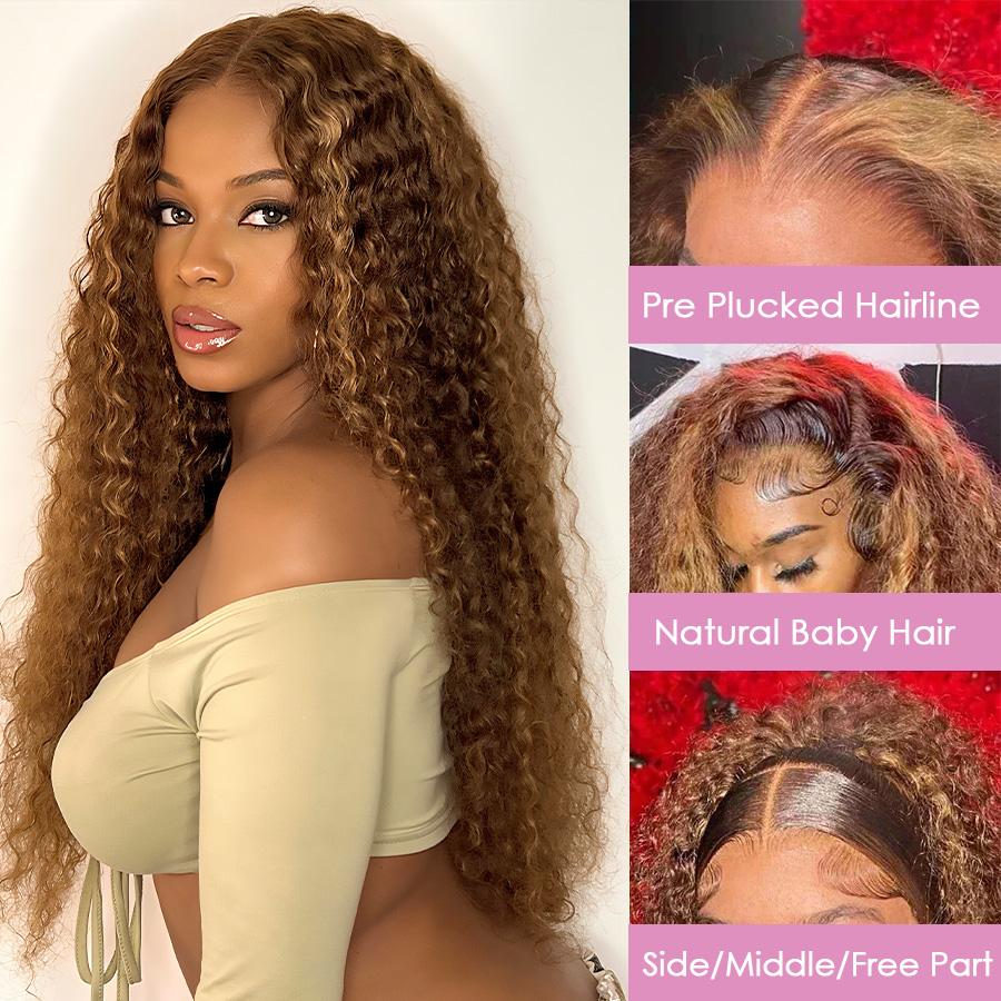 Pizazz Hair 4/27 Highlight Honey Blonde Deep Wave 13×6 Human Hair HD Lace Front Wigs 180% Density Lace Frontal Human Hair Wigs