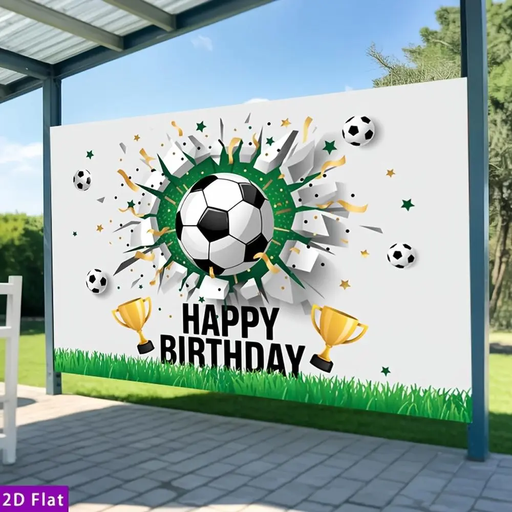 2D Flat HD Digitally Printed Polyester Fabric Backdrop - Happy Birthday Decorations with Soccer Ball, Trophy Design, Soft, Lightweight, Foldable, Machine Washable Party Background Decoration for Birthday Parties, Photography, Birthday Party