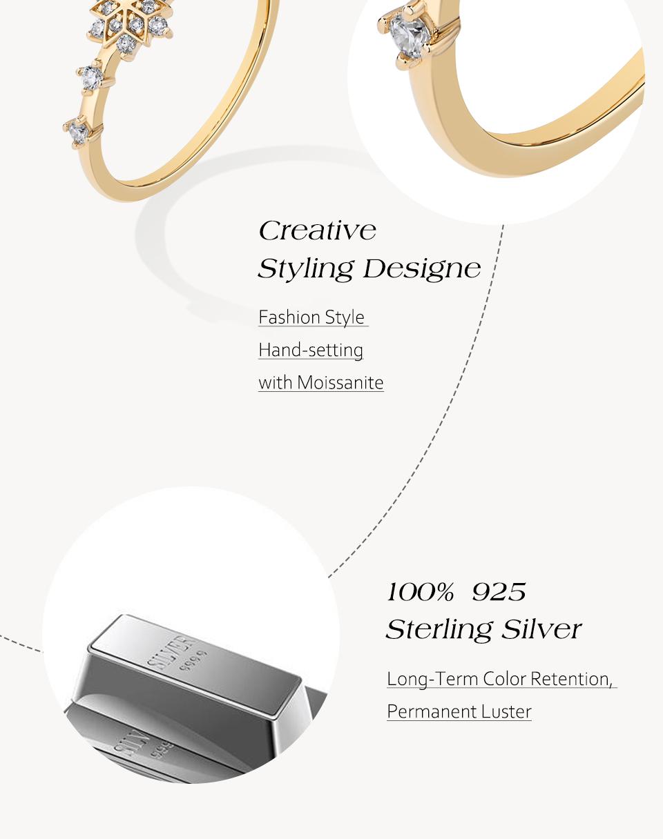 ATTAGEMS Classic Snowflake Design Lab-Created Moissanite Ring for Women Girls Real S925 Sterling Silver Ring Daily Wear Party Engagement Ring Valentine's Day Gift Fine Jewelry R260