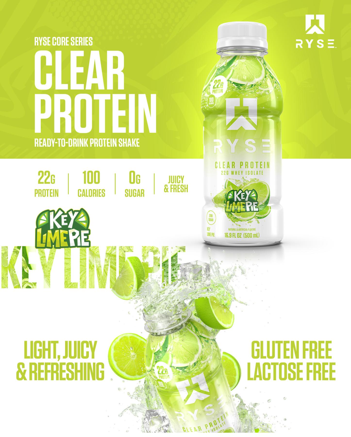 RYSE Clear Protein Shake - Pack of 12 - Whey Isolate 22g Protein, 100 Calories, Sugar-Free, Refreshing Ready-To-Drink Beverage - 16.9 fl oz