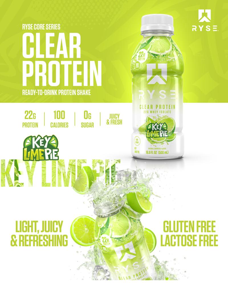 RYSE Clear Protein Shake - Pack of 12 - Whey Isolate 22g Protein, 100 Calories, Sugar-Free, Refreshing Ready-To-Drink Beverage - 16.9 fl oz