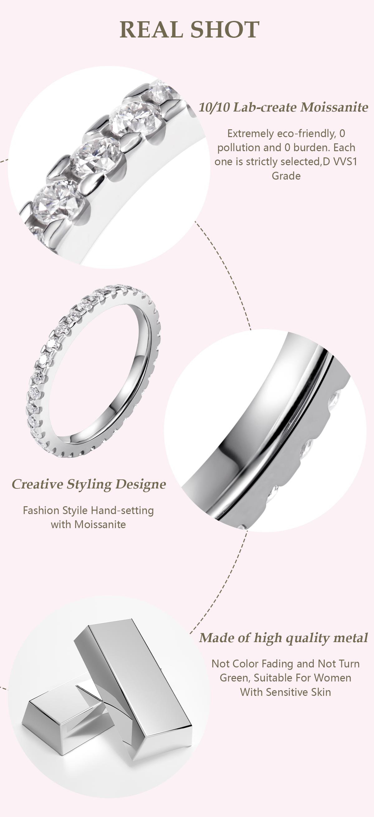 Delzzad S925 Eternity Ring Band VVS D Color Synthetic Moissanite Women Engagement Wedding Ring Daily Costume Jewelry Accessories Perfect Birthday Engagement Wedding Anniversary Gifts For Her Women Wedding Set