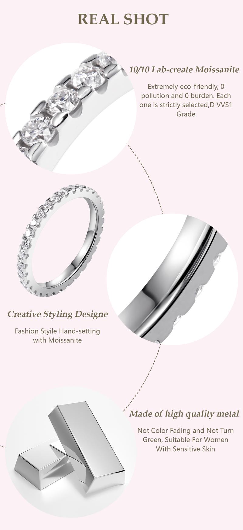 Delzzad S925 Eternity Ring Band VVS D Color Synthetic Moissanite Women Engagement Wedding Ring Daily Costume Jewelry Accessories Perfect Birthday Engagement Wedding Anniversary Gifts For Her Women Wedding Set