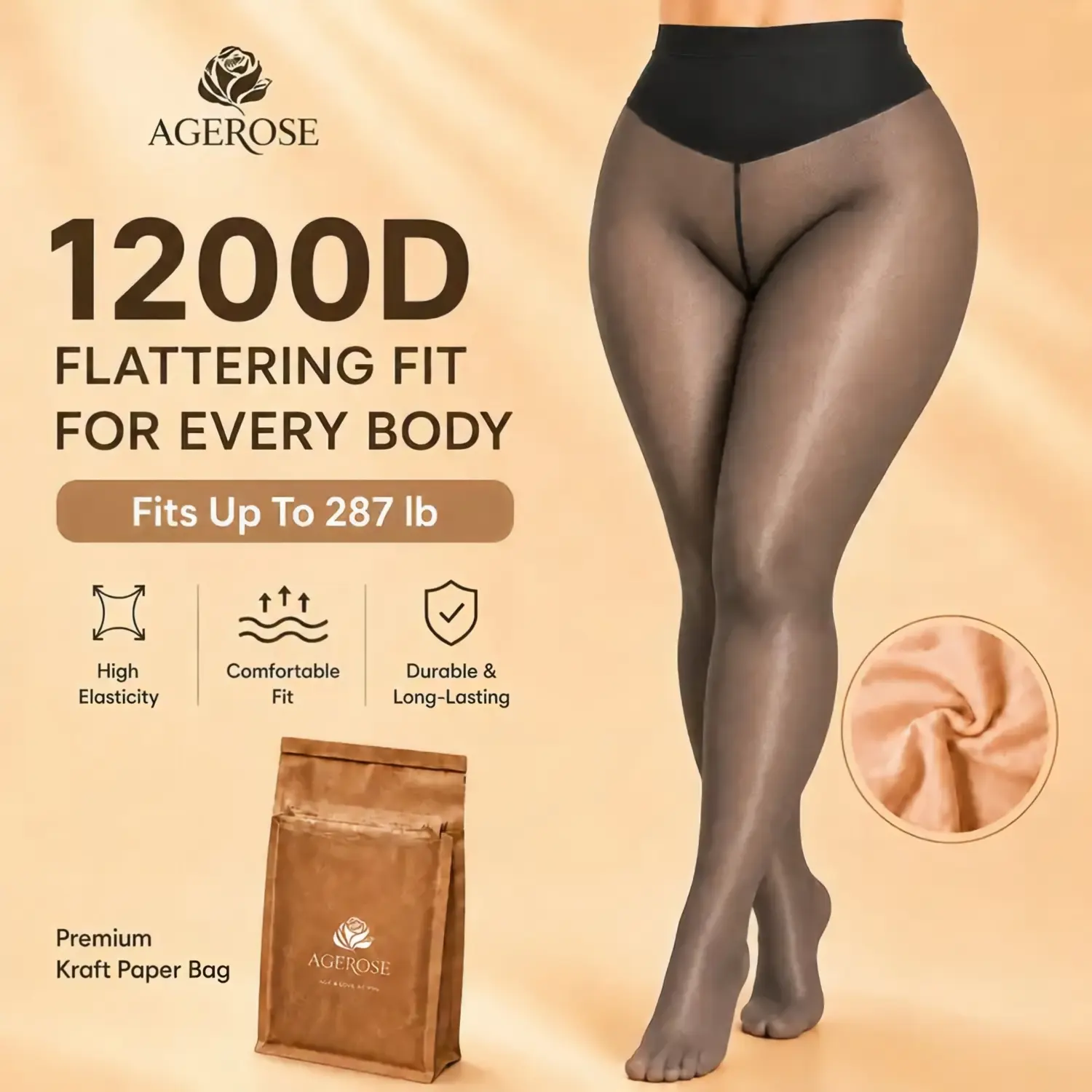 AgeRose Women's Faux Sheer Fleece-Lined Stretchy Tights - Skin-Like Smooth Thermal Pantyhose, High-Stretch Elastic Slim Fit, Warm Mesh Leggings, Essential Winter Fashion Bodysuit for Everyday Outfits