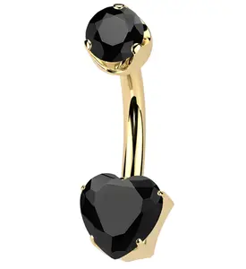 Gold PVD Black Agate Stone Heart Internally Threaded Titanium Belly Button Ring